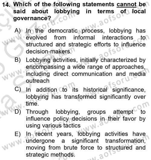 Local Governance Dersi 2024 - 2025 Yılı (Vize) Ara Sınav Soruları 14. Soru
