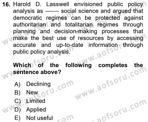 Local Governance Dersi 2024 - 2025 Yılı (Vize) Ara Sınav Soruları 16. Soru