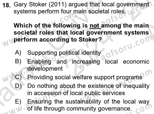 Local Governance Dersi 2024 - 2025 Yılı (Vize) Ara Sınav Soruları 18. Soru