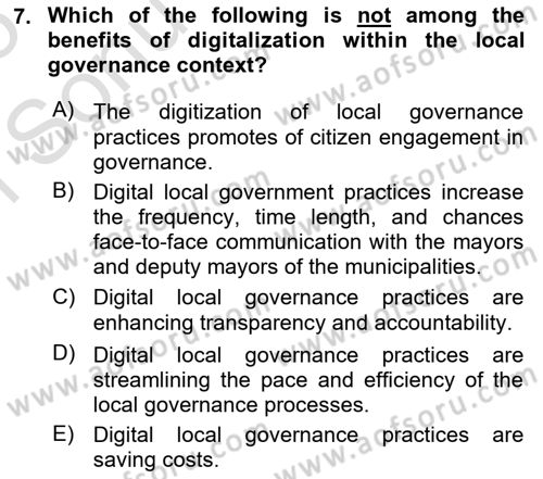 Local Governance Dersi 2024 - 2025 Yılı (Final) Dönem Sonu Sınav Soruları 7. Soru