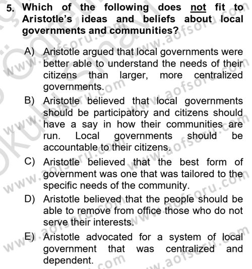 Local Governance Dersi 2024 - 2025 Yılı Yaz Okulu Sınav Soruları 5. Soru