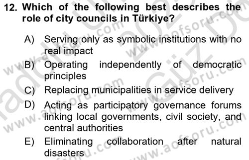 Local Governance Dersi 2025 - 2026 Yılı (Vize) Ara Sınav Soruları 12. Soru
