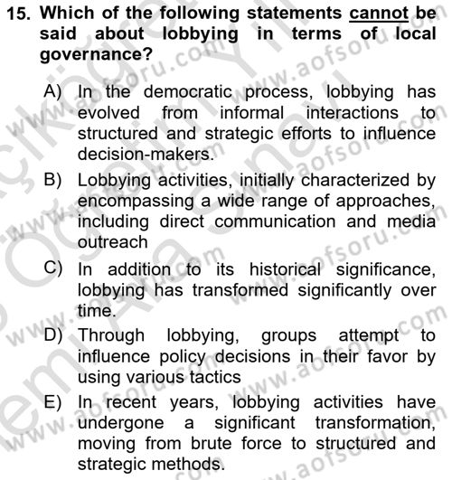 Local Governance Dersi 2025 - 2026 Yılı (Vize) Ara Sınav Soruları 15. Soru