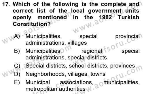 Local Governance Dersi 2025 - 2026 Yılı (Vize) Ara Sınav Soruları 17. Soru