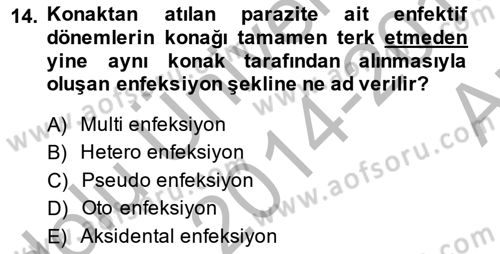 Temel Veteriner Parazitoloji Dersi 2014 - 2015 Yılı (Vize) Ara Sınavı 14. Soru