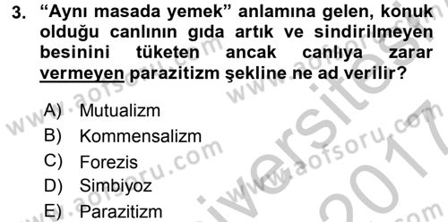 Temel Veteriner Parazitoloji Dersi 2016 - 2017 Yılı (Vize) Ara Sınav Soruları 3. Soru