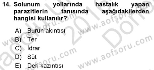 Temel Veteriner Parazitoloji Dersi 2016 - 2017 Yılı (Final) Dönem Sonu Sınav Soruları 14. Soru