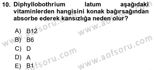 Temel Veteriner Parazitoloji Dersi 2017 - 2018 Yılı (Final) Dönem Sonu Sınav Soruları 10. Soru