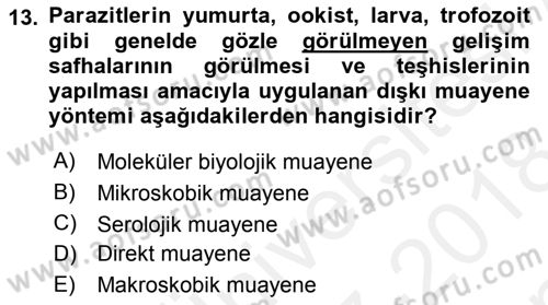 Temel Veteriner Parazitoloji Dersi 2017 - 2018 Yılı (Final) Dönem Sonu Sınav Soruları 13. Soru