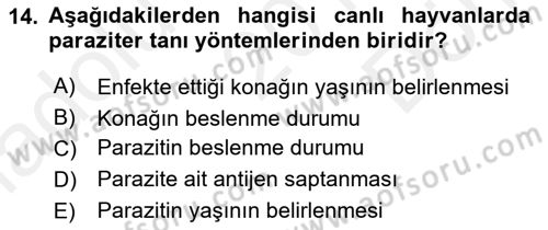 Temel Veteriner Parazitoloji Dersi 2017 - 2018 Yılı (Final) Dönem Sonu Sınav Soruları 14. Soru