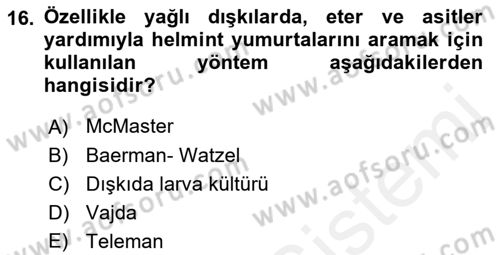 Temel Veteriner Parazitoloji Dersi 2017 - 2018 Yılı (Final) Dönem Sonu Sınav Soruları 16. Soru
