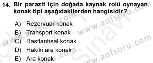 Temel Veteriner Parazitoloji Dersi 2018 - 2019 Yılı (Vize) Ara Sınav Soruları 14. Soru