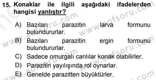 Temel Veteriner Parazitoloji Dersi 2018 - 2019 Yılı (Vize) Ara Sınav Soruları 15. Soru