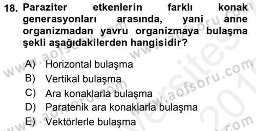 Temel Veteriner Parazitoloji Dersi 2018 - 2019 Yılı (Vize) Ara Sınav Soruları 18. Soru