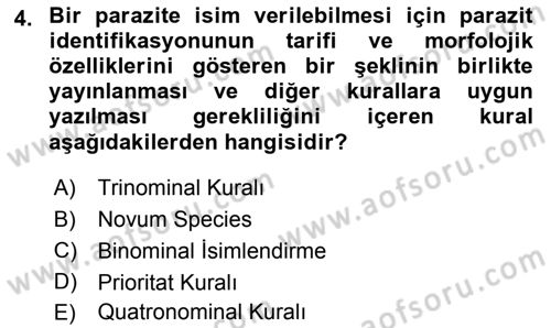 Temel Veteriner Parazitoloji Dersi 2018 - 2019 Yılı (Vize) Ara Sınav Soruları 4. Soru
