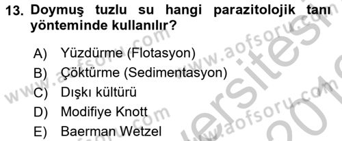 Temel Veteriner Parazitoloji Dersi 2018 - 2019 Yılı Yaz Okulu Sınav Soruları 13. Soru
