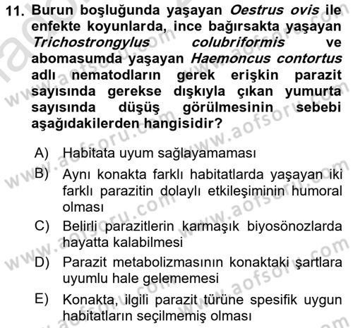 Temel Veteriner Parazitoloji Dersi 2020 - 2021 Yılı Yaz Okulu Sınav Soruları 11. Soru