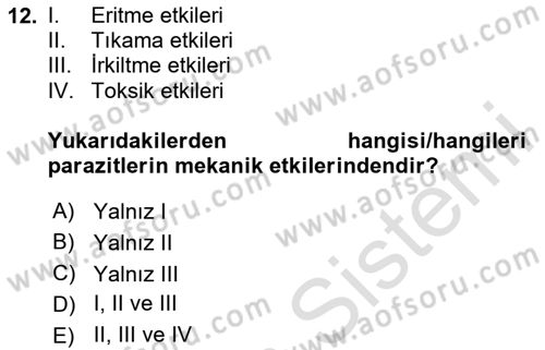 Temel Veteriner Parazitoloji Dersi 2020 - 2021 Yılı Yaz Okulu Sınav Soruları 12. Soru