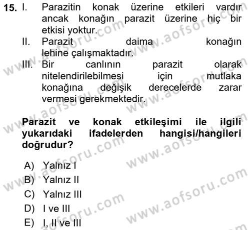 Temel Veteriner Parazitoloji Dersi 2020 - 2021 Yılı Yaz Okulu Sınav Soruları 15. Soru