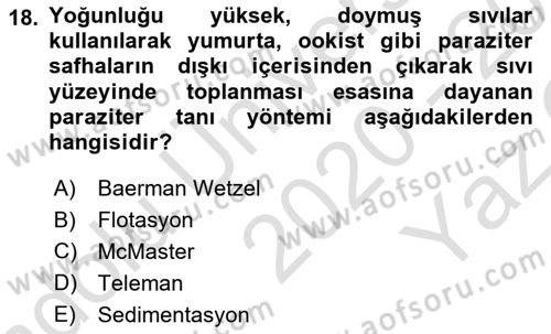Temel Veteriner Parazitoloji Dersi 2020 - 2021 Yılı Yaz Okulu Sınav Soruları 18. Soru