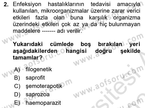 Temel Veteriner Parazitoloji Dersi 2020 - 2021 Yılı Yaz Okulu Sınav Soruları 2. Soru