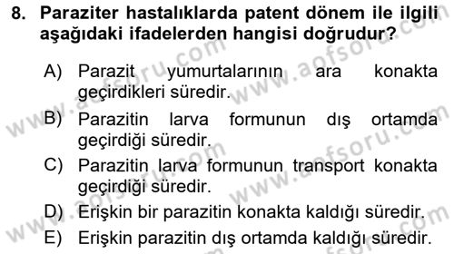 Temel Veteriner Parazitoloji Dersi 2020 - 2021 Yılı Yaz Okulu Sınav Soruları 8. Soru
