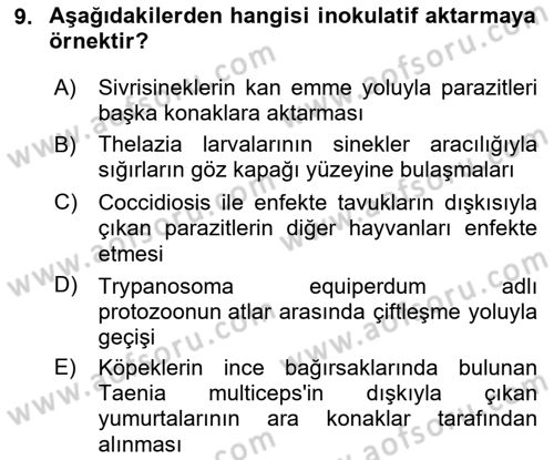 Temel Veteriner Parazitoloji Dersi 2020 - 2021 Yılı Yaz Okulu Sınav Soruları 9. Soru