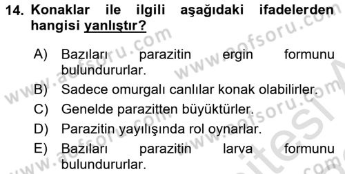 Temel Veteriner Parazitoloji Dersi 2021 - 2022 Yılı (Vize) Ara Sınav Soruları 14. Soru