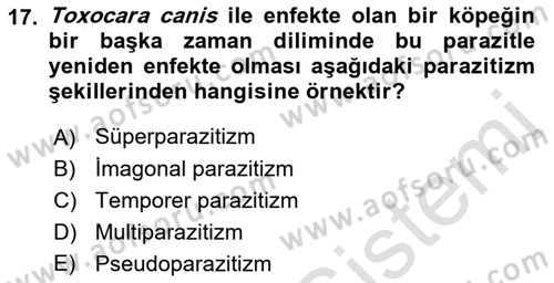 Temel Veteriner Parazitoloji Dersi 2021 - 2022 Yılı (Vize) Ara Sınav Soruları 17. Soru