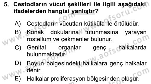 Temel Veteriner Parazitoloji Dersi 2021 - 2022 Yılı (Vize) Ara Sınav Soruları 5. Soru