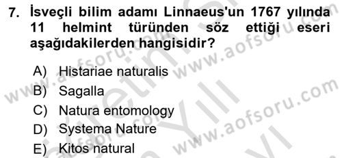 Temel Veteriner Parazitoloji Dersi 2021 - 2022 Yılı (Vize) Ara Sınav Soruları 7. Soru