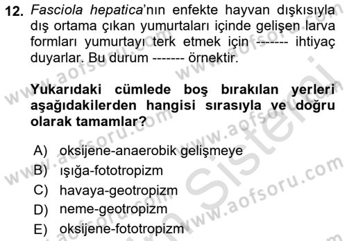 Temel Veteriner Parazitoloji Dersi 2021 - 2022 Yılı (Final) Dönem Sonu Sınavı 12. Soru