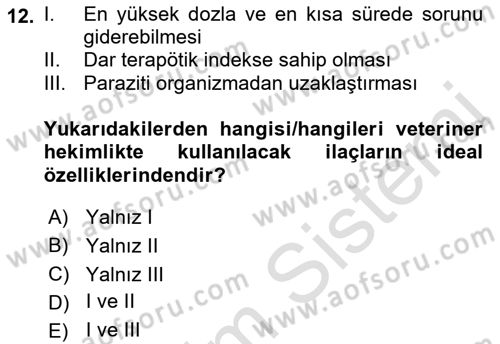 Temel Veteriner Parazitoloji Dersi 2021 - 2022 Yılı Yaz Okulu Sınav Soruları 12. Soru