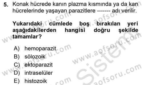 Temel Veteriner Parazitoloji Dersi 2021 - 2022 Yılı Yaz Okulu Sınav Soruları 5. Soru
