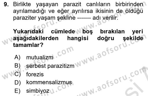 Temel Veteriner Parazitoloji Dersi 2021 - 2022 Yılı Yaz Okulu Sınav Soruları 9. Soru