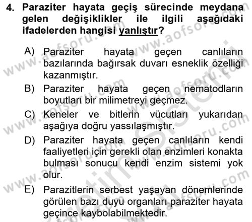 Temel Veteriner Parazitoloji Dersi 2022 - 2023 Yılı Yaz Okulu Sınav Soruları 4. Soru