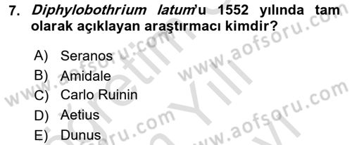 Temel Veteriner Parazitoloji Dersi 2023 - 2024 Yılı (Vize) Ara Sınav Soruları 7. Soru