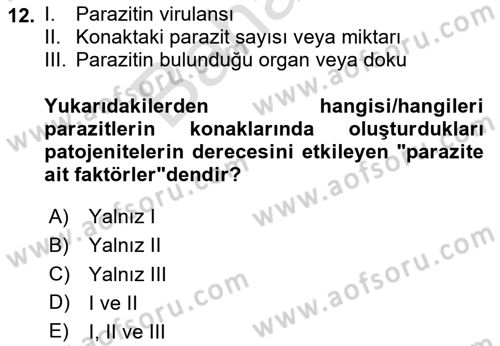 Temel Veteriner Parazitoloji Dersi 2023 - 2024 Yılı (Final) Dönem Sonu Sınav Soruları 12. Soru