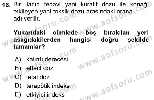 Temel Veteriner Parazitoloji Dersi 2023 - 2024 Yılı (Final) Dönem Sonu Sınav Soruları 16. Soru