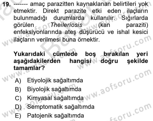 Temel Veteriner Parazitoloji Dersi 2023 - 2024 Yılı (Final) Dönem Sonu Sınav Soruları 19. Soru