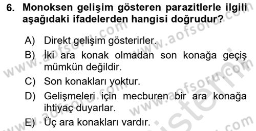 Temel Veteriner Parazitoloji Dersi 2023 - 2024 Yılı Yaz Okulu Sınav Soruları 6. Soru