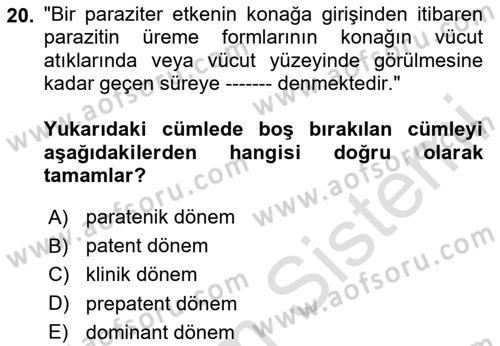 Temel Veteriner Parazitoloji Dersi 2024 - 2025 Yılı (Vize) Ara Sınav Soruları 20. Soru