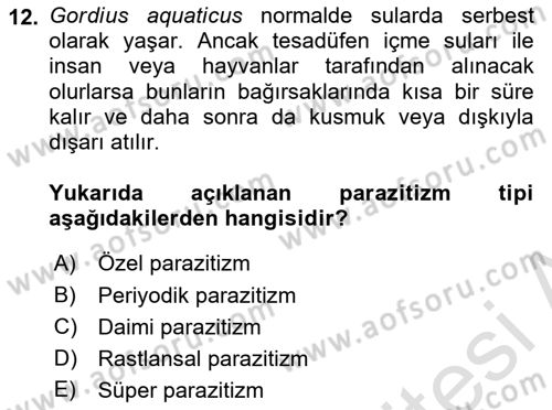 Temel Veteriner Parazitoloji Dersi 2025 - 2026 Yılı (Vize) Ara Sınav Soruları 12. Soru