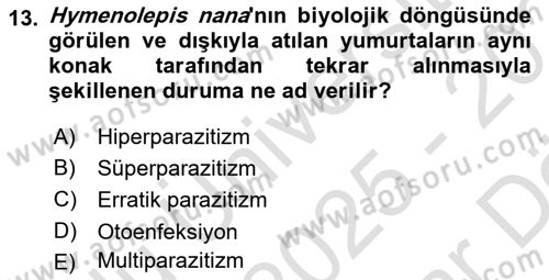Temel Veteriner Parazitoloji Dersi 2025 - 2026 Yılı (Vize) Ara Sınav Soruları 13. Soru