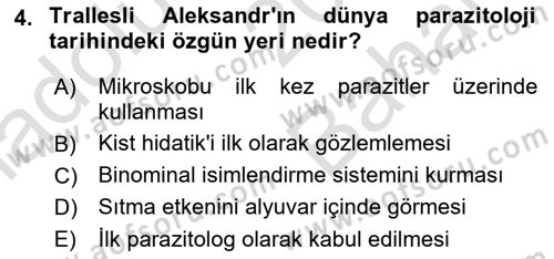 Temel Veteriner Parazitoloji Dersi 2025 - 2026 Yılı (Vize) Ara Sınav Soruları 4. Soru
