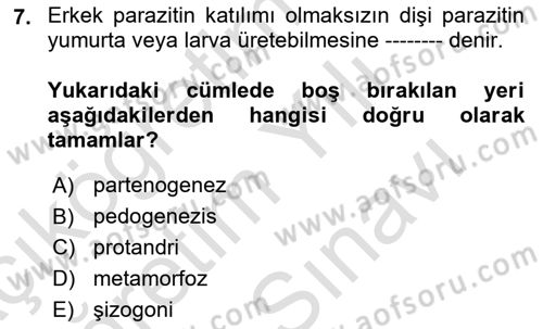 Temel Veteriner Parazitoloji Dersi 2025 - 2026 Yılı (Vize) Ara Sınav Soruları 7. Soru