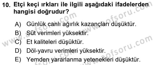 Temel Zootekni Dersi 2019 - 2020 Yılı (Vize) Ara Sınavı 10. Soru