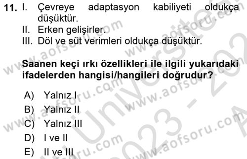 Temel Zootekni Dersi 2023 - 2024 Yılı (Vize) Ara Sınavı 11. Soru