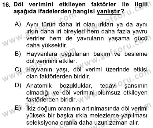 Temel Zootekni Dersi 2023 - 2024 Yılı (Vize) Ara Sınavı 16. Soru