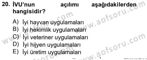 Hijyen ve Sanitasyon Dersi 2013 - 2014 Yılı Tek Ders Sınav Soruları 20. Soru